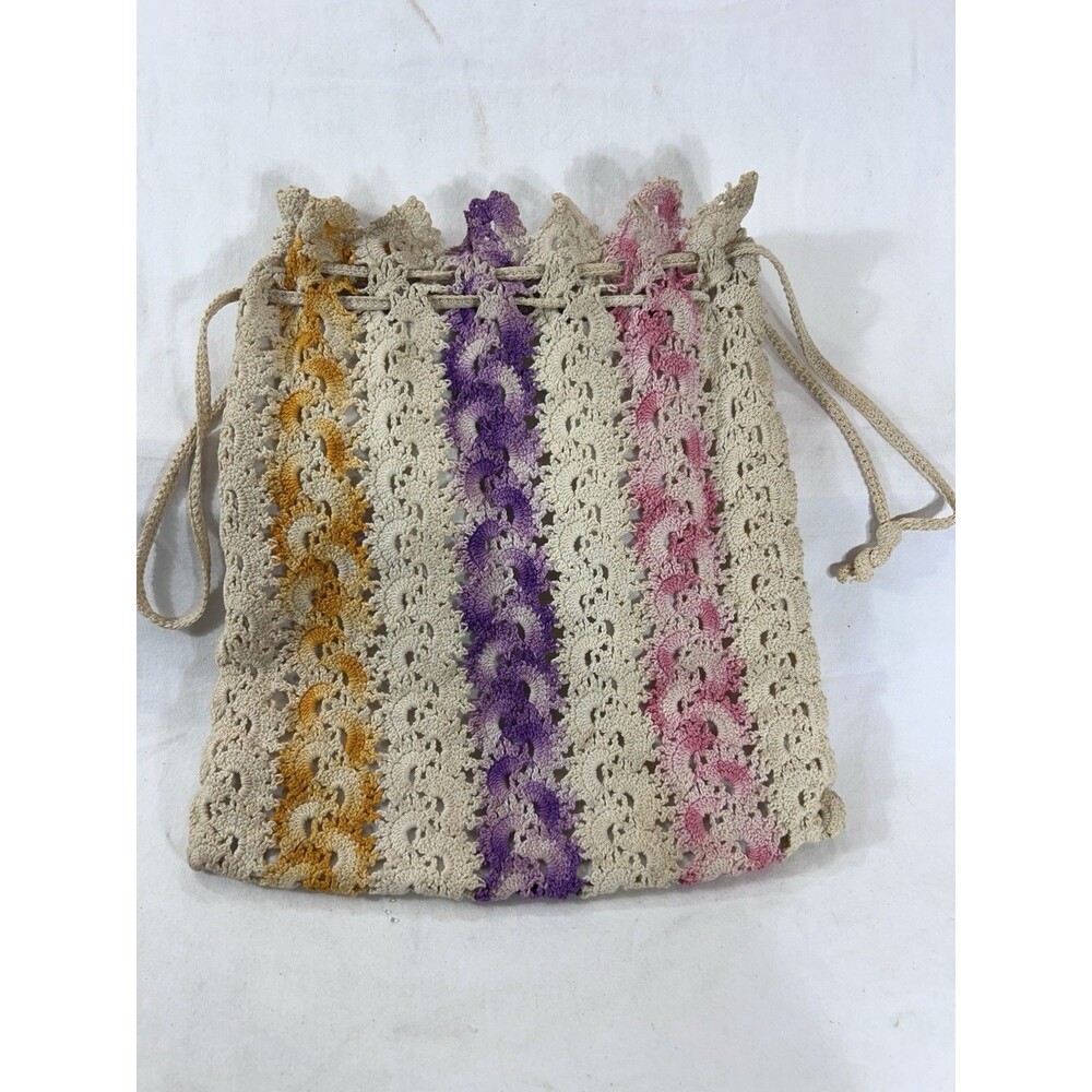 Vintage Ivory Crochet Drawstring Purse Bag Lined Yellow Pink Purple